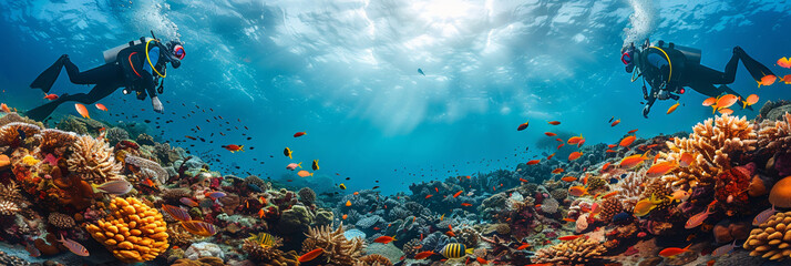Diver explores vibrant coral reef teeming with underwater life in the azure waters of the ocean