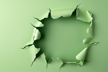 Hole in green paper with torn edge.