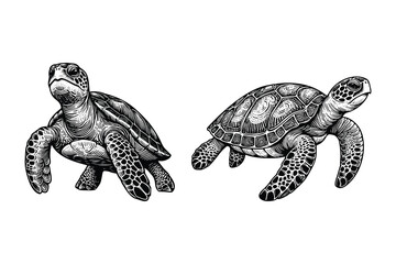Fototapeta premium set of turtle illustration. hand drawn turtle black and white vector illustration. isolated white background