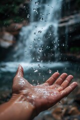 Fototapeta premium Open hand with drops of water running down, background with a waterfall in a forest, nature, tranquility.