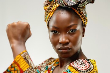African woman wearing a colorful headscarf and dress, showing fist, equality concept, Freedom Day, Juneteenth.