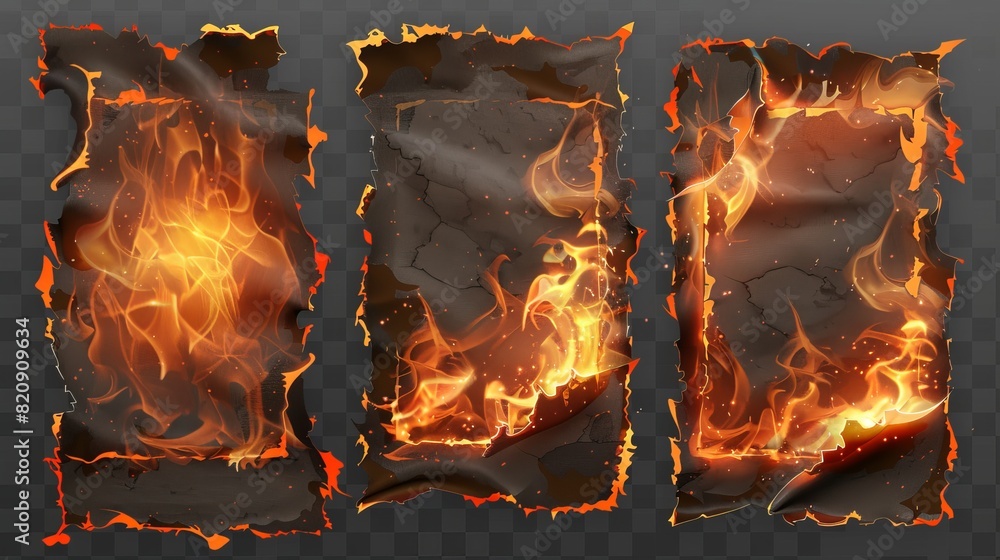 Poster fire burning paper edges isolated on transparent background. modern image of parchment or document w