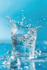 Water splashing from a glass, light blue background.
