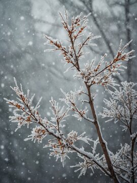 Snow gently descends, gracing tree branches with delicate frost layer. These branches, adorned with brown buds, contrast against soft focus backdrop of winter tableau.