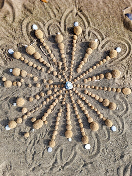 Mandala made with shells and seaweed on the beach of Marina di Castagneto Carducci Tuscany Italy
