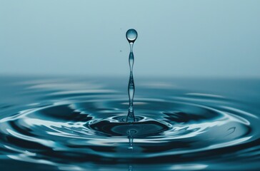 Drop of water suspended in the air about to fall to the surface, with ripples visible below, conveying tranquility, serenity and calm.