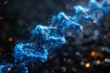 Close-up of a glowing blue DNA strand with sparks and particles