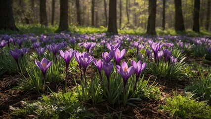 Fototapeta premium Field of purple crocuses blossoms under gentle warmth of sunlight filtering through trees in serene forest. Flowers, vibrant, full of life, stand out against green, brown hues of forest floor.