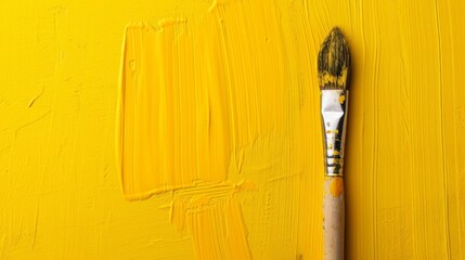 Bright yellow backdrop with a single paintbrush for simple photography composition.