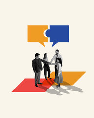 Contemporary art collage. Group of people communicate and their ideas matches. Mutual understanding at work. Concept of partnership, business acquisition, deals, cooperation, teamwork, contract. Ad