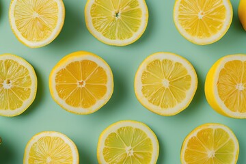 Fototapeta premium Background with lemon halves, light green background.