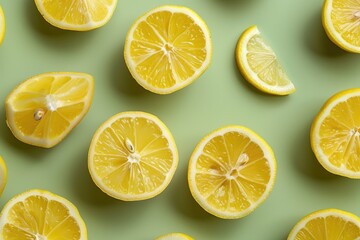 Fototapeta premium Background with lemon halves, light green background.