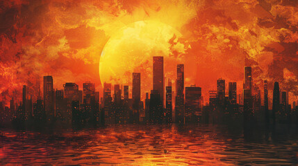 Fototapeta premium Dystopian city skyline silhouetted against a fiery sunset.