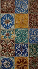 Collection of colorful ceramic tiles, each adorned with intricate floral patterns, creates mesmerizing mosaic. Tiles arranged in rows, each showcasing unique design, color scheme - reds, blues.