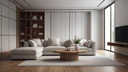 Fototapeta premium Front view on bright living room interior