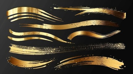 The luxury art of golden paint brush strokes isolated on a transparent background with a splach texture and wavy and straight line trails.