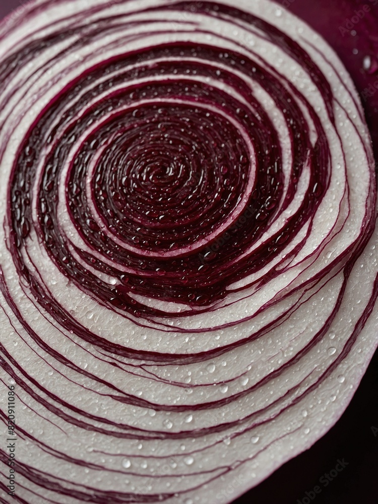 Poster sliced red onion, its layers forming concentric circles with mesmerizing pattern. water droplets ado