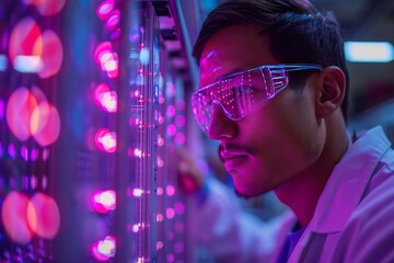 Scientist wearing protective glasses examining a high-tech machine with pink and blue lights