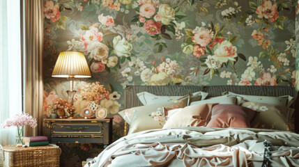 Elevate your decor with the vintage allure of a floral wallpaper design, boasting intricate patterns and muted tones that offer a romantic backdrop