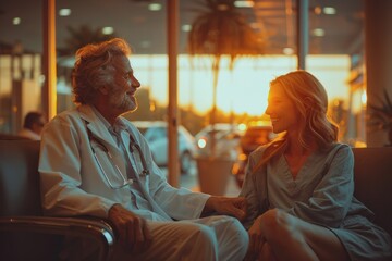 Doctor and patient sharing a warm conversation in a hospital waiting area during sunset