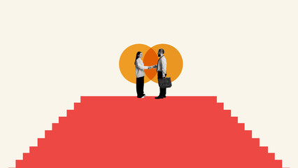 Contemporary art collage. Young man and woman stands on red stair against circles and shaking hands. Job interview. Concept of partnership, business acquisition, deals, cooperation, teamwork. © Lustre Art Group 