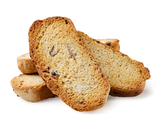 Heap of bread rusk close-up on a white background.