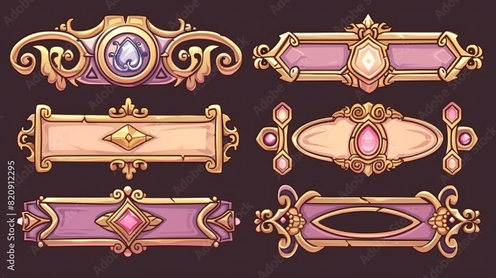 Poster decorative golden line button frame for fantasy game border. gold metal interface element icon for r