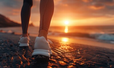 Legs of a woman in sports shoes walking on the road near the sea, sunset in the background.