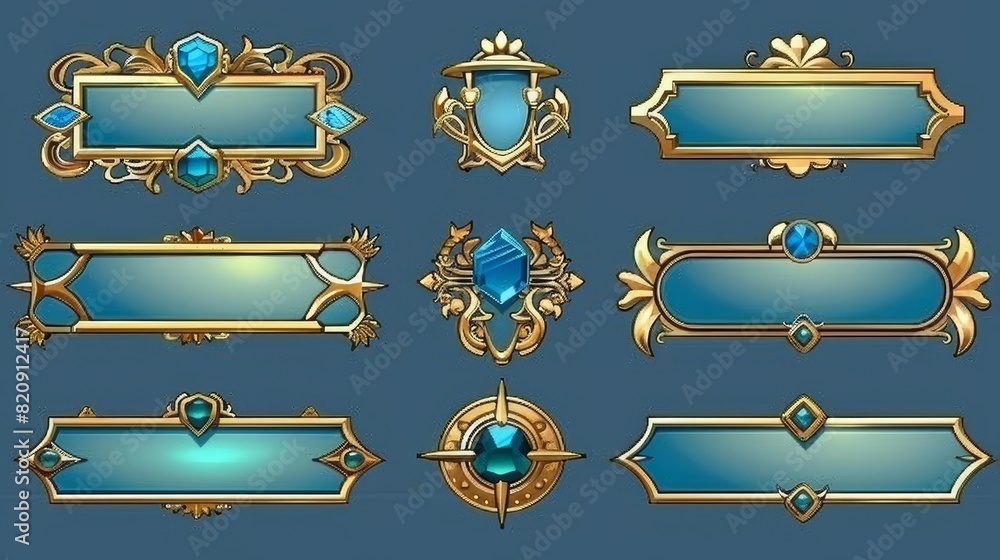 Poster fantasy game border ui button frame design. gold metal interface element icon. divider sign label wi