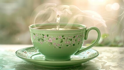 Delicate Green Teacup with Floral Patterns