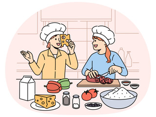 Smiling kids cooking together at home kitchen. Happy little children have fun preparing food cutting vegetables. Hobby and culinary. Vector illustration.