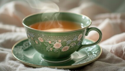Fototapeta premium A delicate green teacup adorned with intricate floral patterns exudes elegance and charm.