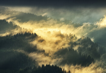 silhouettes of morning mountains. foggy morning in the Carpathians. Mountain landscape