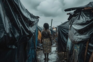 African woman in front of a camp, with several tents and debris around her, in cloudy weather, as if after a war or a natural disaster.