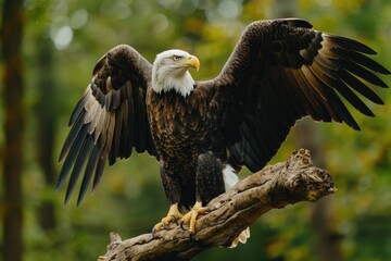 Fototapeta premium Bald eagle with open wings, sitting on a tree branch in a natural environment, symbolizing freedom and strength, american eagle, 4th of July.