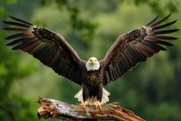 Naklejka premium Bald eagle with open wings, sitting on a tree branch in a natural environment, symbolizing freedom and strength, american eagle, 4th of July.