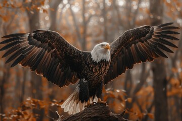 Obraz premium Bald eagle with open wings, sitting on a tree branch in a natural environment, symbolizing freedom and strength, american eagle, 4th of July.