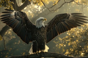 Bald eagle with open wings, sitting on a tree branch in a natural environment, symbolizing freedom and strength, american eagle, 4th of July.