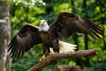 Fototapeta premium Bald eagle with open wings, sitting on a tree branch in a natural environment, symbolizing freedom and strength, american eagle, 4th of July.