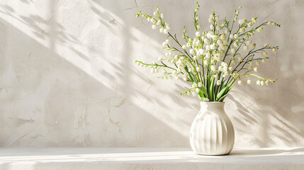 Vase with beautiful lily-of-the-valley flowers on tabl