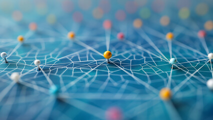Close-up, push pins interconnected by threads on a notice board surface. Symbolizes strategic planning, planning, or tactics in the business world.