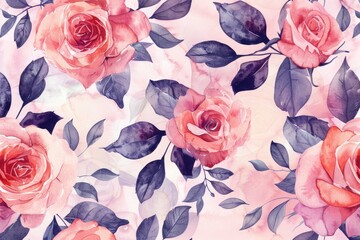 Seamless pattern in floral watercolor style, roses and leaves in pink tones on a pink background.