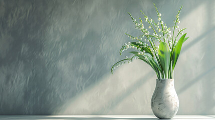 Vase with beautiful lily-of-the-valley flowers on tabl