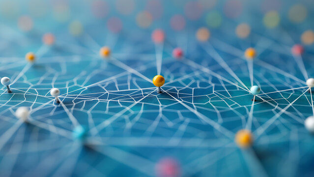 Close-up, push pins interconnected by threads on a notice board surface. Symbolizes strategic planning, planning, or tactics in the business world.