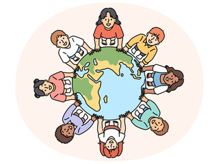 Smiling diverse children standing near globe showing unity and solidarity. Happy kids from around the world near planet earth. Ethnicity and diversity. Vector illustration.