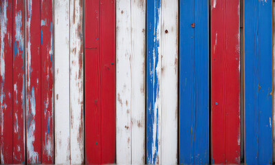 Stressed wooden boards painted red, white and blue for patriotic concept of United States of America. Textured abstract backdrop.
