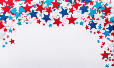 Festive background with confetti in the shape of stars and umbrellas in the color of the American flag. US independence day.