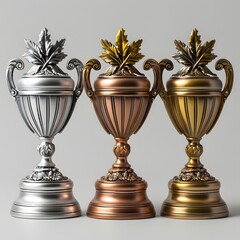 Three distinct trophies placed side by side. From left to right, the first trophy is silver in color with a laurel wreath on top, the second is golden with a more intricate laurel design