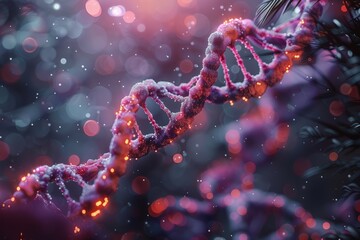 Close-up of a glowing pink DNA helix with sparkling particles in a vibrant, dreamy background