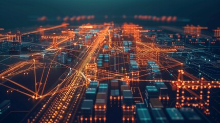 Fototapeta premium Blockchain network diagram overlaid with shipping lanes and digital communication systems